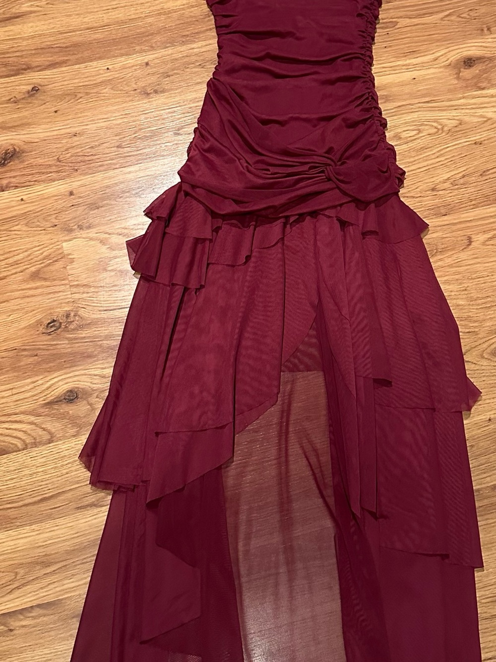 Express Strapless Ruched Ruffle Midi Dress - Burgundy - Picture 2 of 2